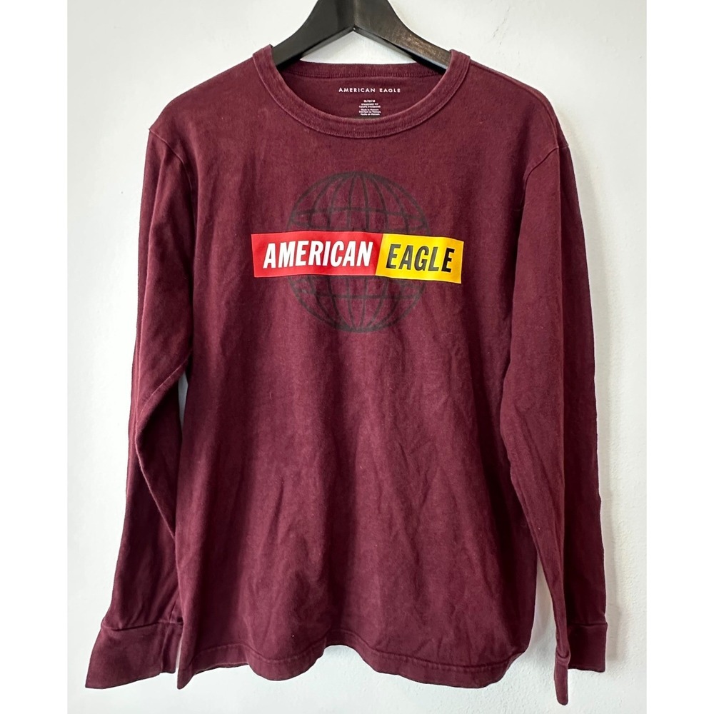 American Eagle Mens Long Sleeve Graphic Tee Maroon Burgundy Y2K Globe Logo M